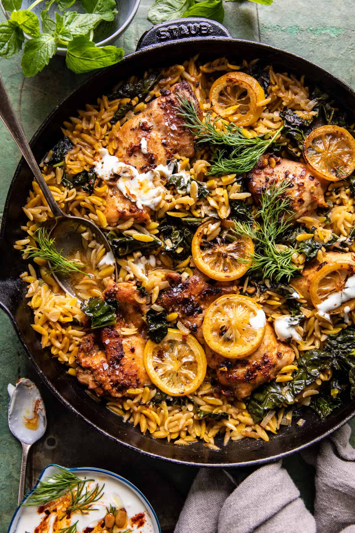 One Skillet Lemon Butter Dijon Chicken and Orzo with Feta Sauce | halfbakedharvest.com