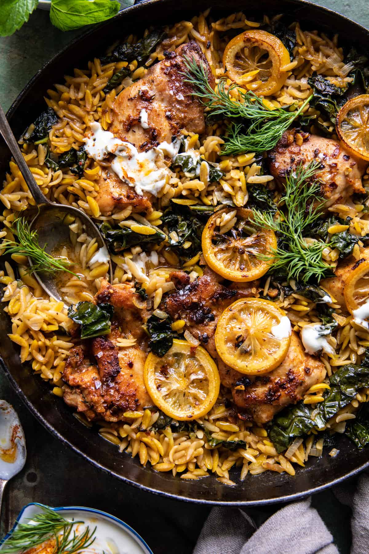 One Skillet Lemon Butter Dijon Chicken and Orzo with Feta Sauce | halfbakedharvest.com