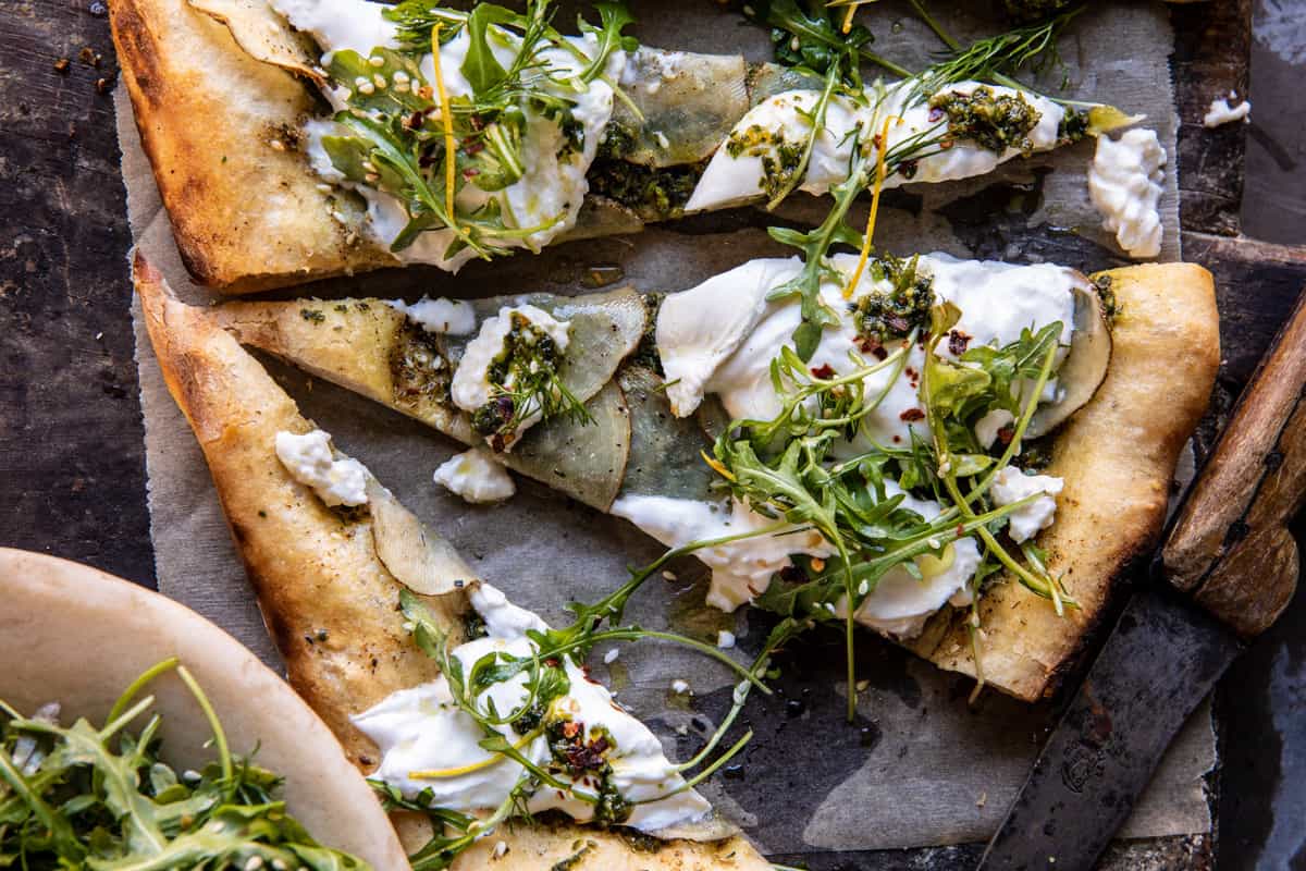 Pesto Potato Burrata Pizza with Spicy Arugula | halfbakedharvest.com