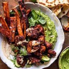 Sheet Pan Lemon Chicken with Sweet Potatoes and Avocado Goddess Sauce | halfbakedharvest.com