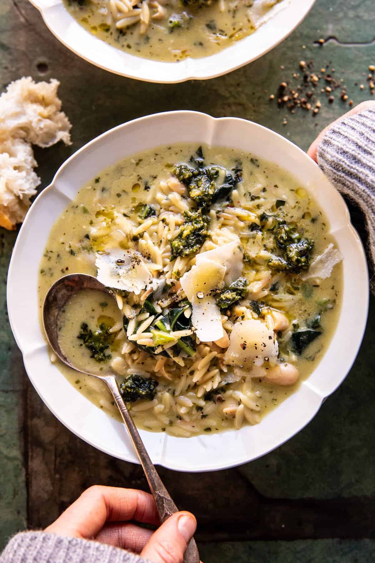 Creamy White Bean Lemon Pesto Orzo Soup | halfbakedharvest.com