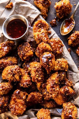 Oven Fried Southern Hot Honey Popcorn Chicken | halfbakedharvest.com