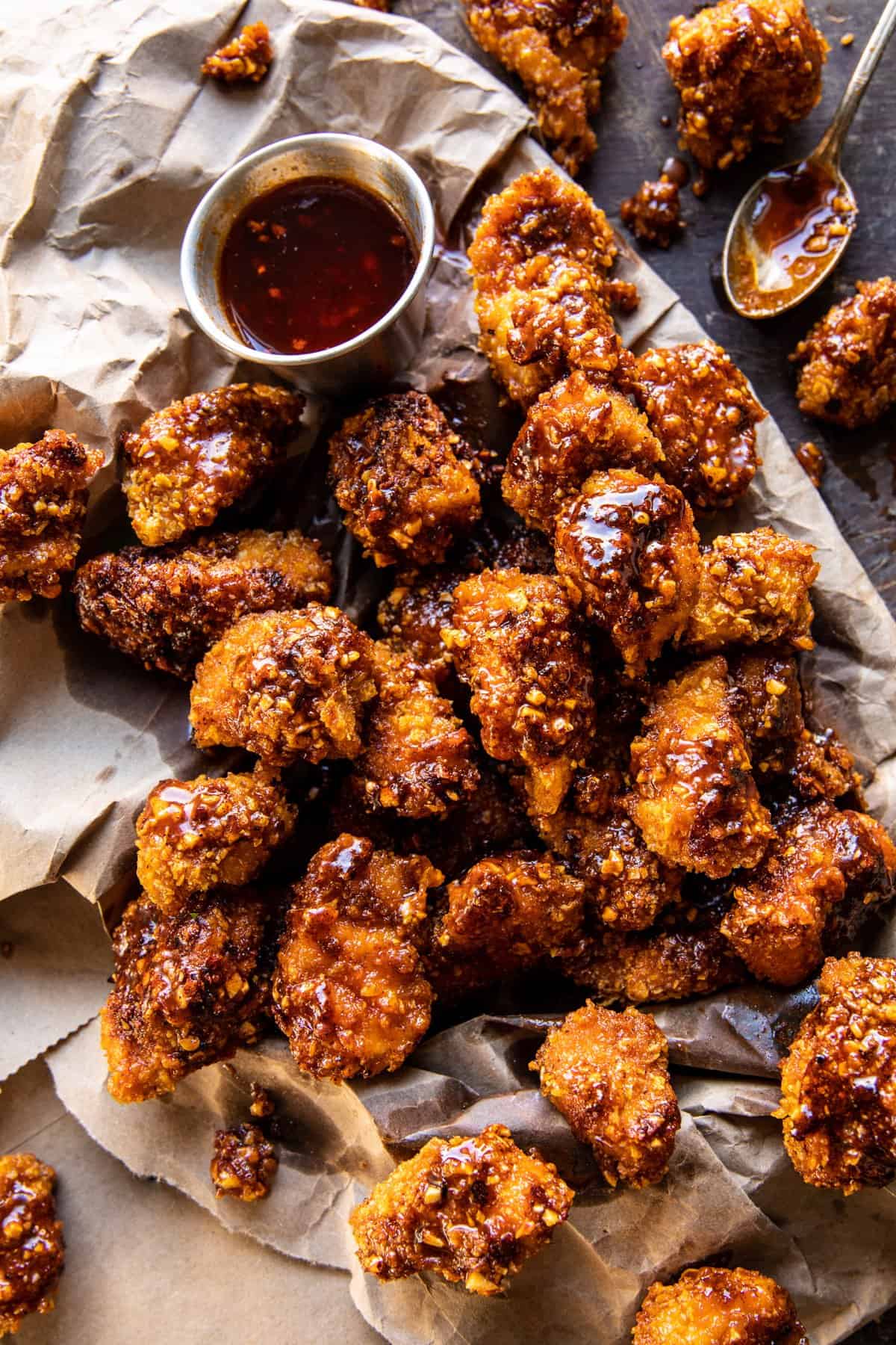 Oven Fried Southern Hot Honey Popcorn Chicken | halfbakedharvest.com