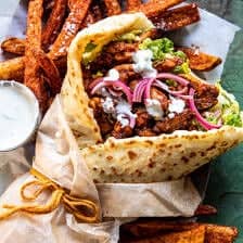 Quick Sheet Pan Chicken Gyros with Feta Tzatziki | halfbakedharvet.com