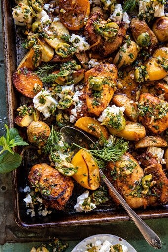Sheet Pan Greek Garlic Butter Chicken and Potatoes | halfbakedharvest.com