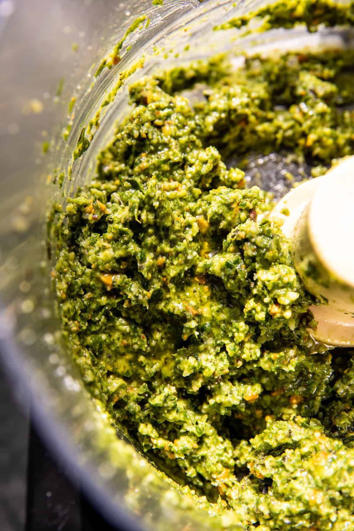 basil pesto in food processor bowl 