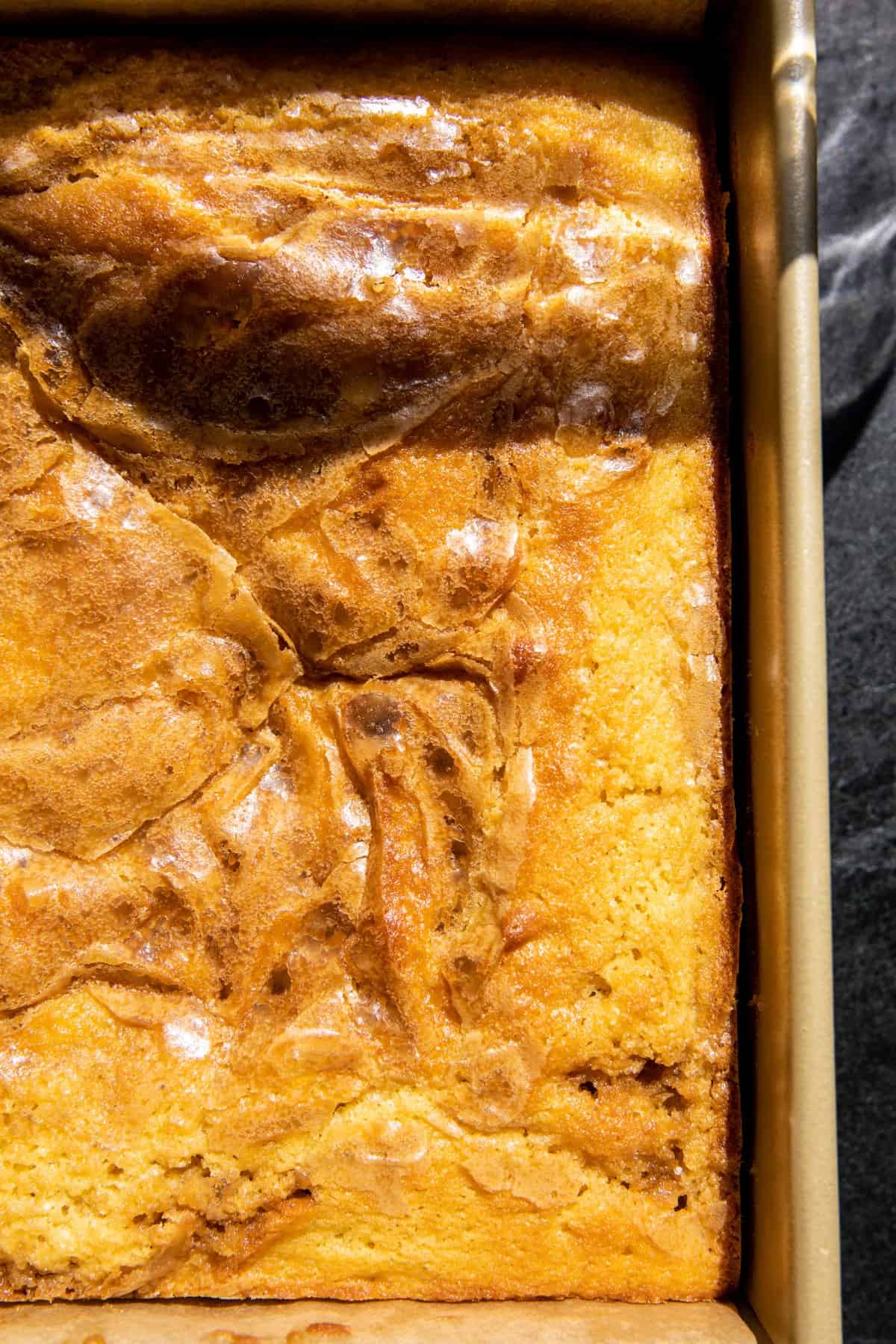 Swirled Caramel Sheet Cake in pan after baking