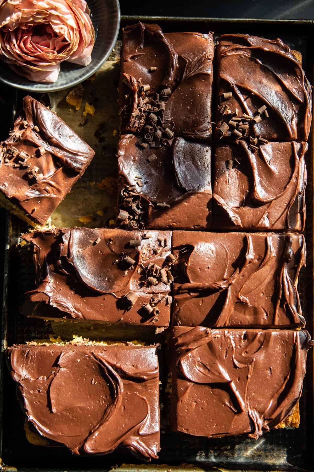 photo of cake on sheet pan with frosting