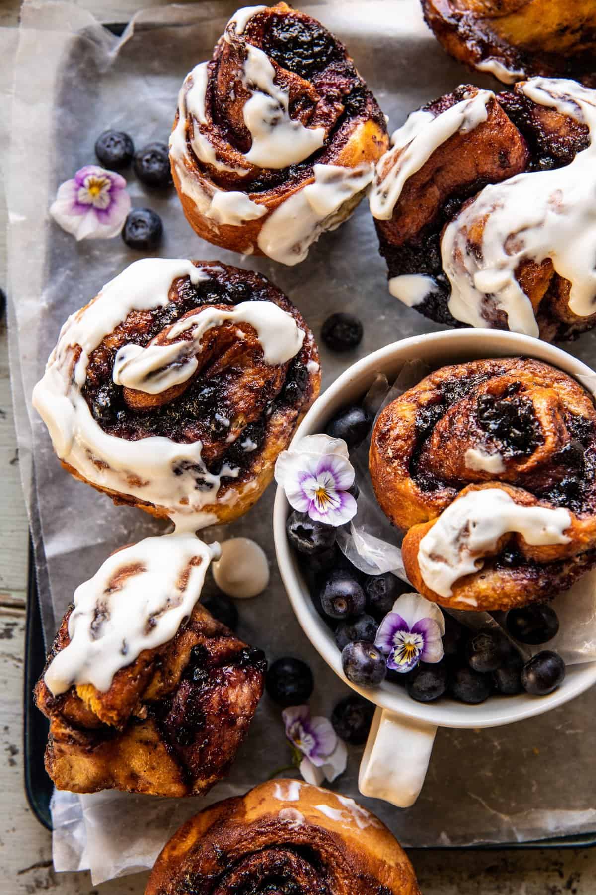 overhead photo Blueberry Lemon Ricotta Sweet Rolls with multiple rolls in photo 