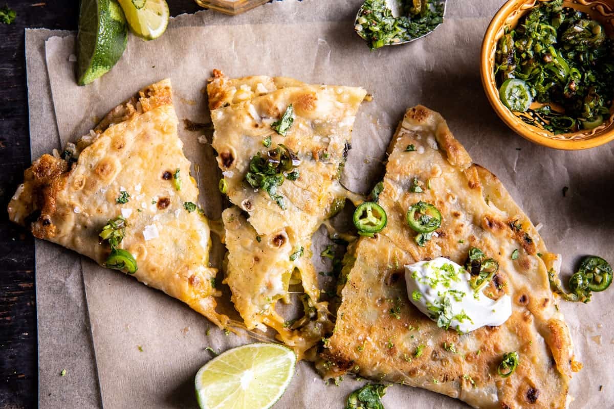 Cheesy Green Chile and Avocado Rice Quesadillas | halfbakedharvest.com