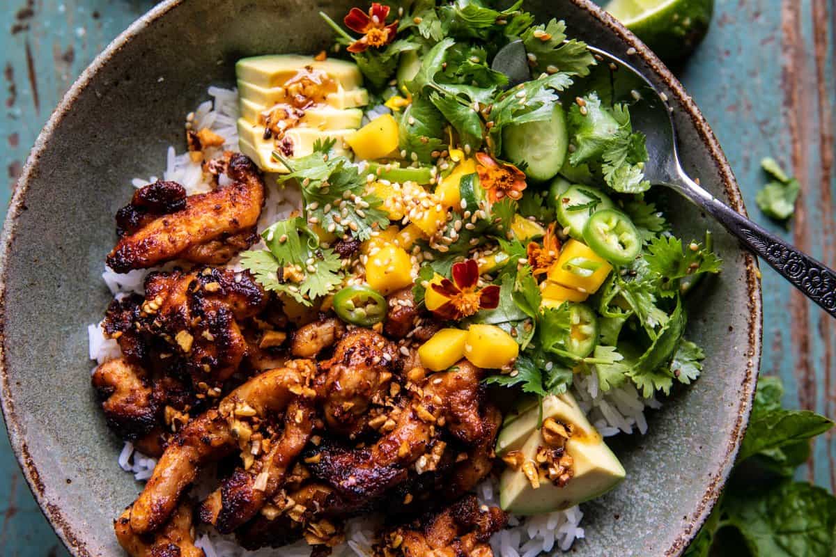 Chili Crisp Chicken Mango Cucumber Rice Bowl | halfbakedharvest.com