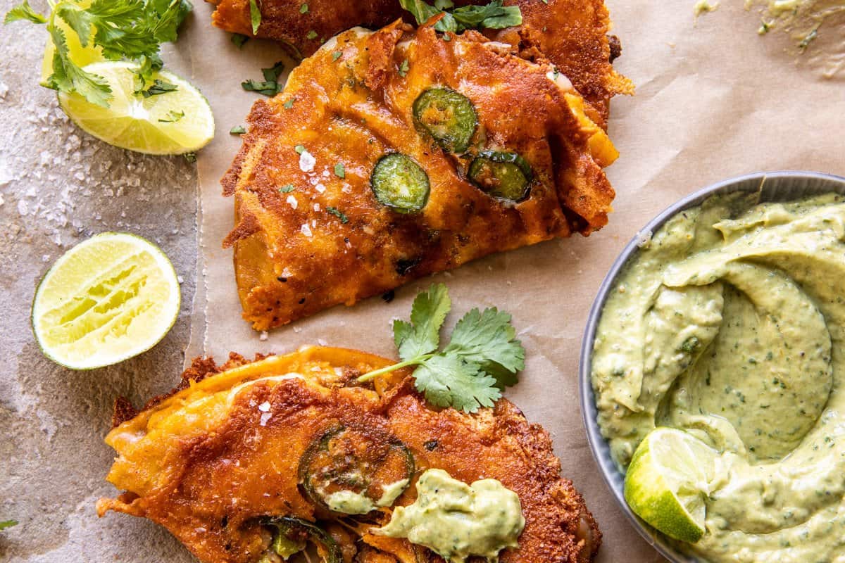 Crispy Cheese Chicken Tacos with Avocado Cilantro Sauce | halfbakedharvest.com