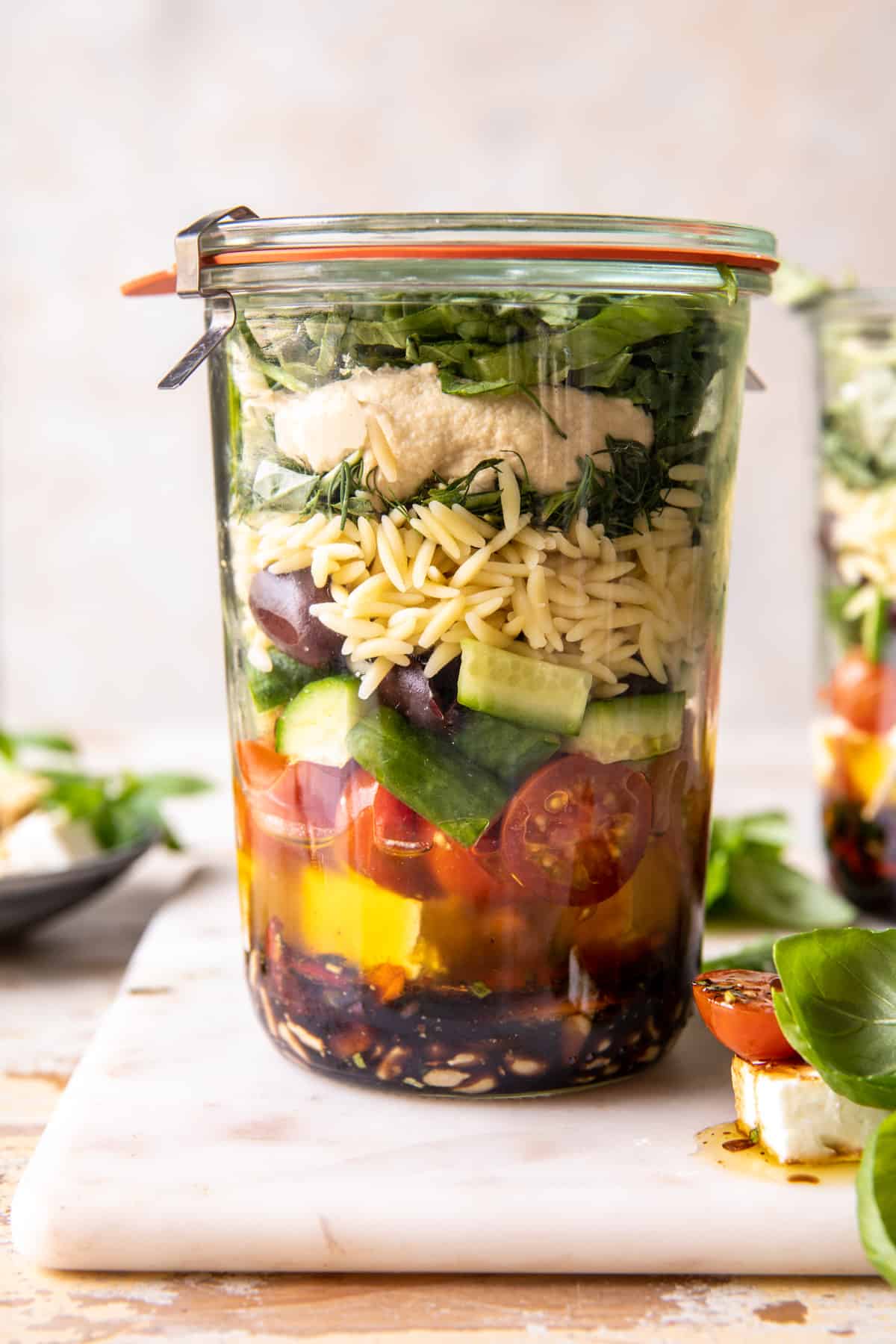 Marinated Tomato Feta Orzo Salad Jars | halfbaledharvest.com