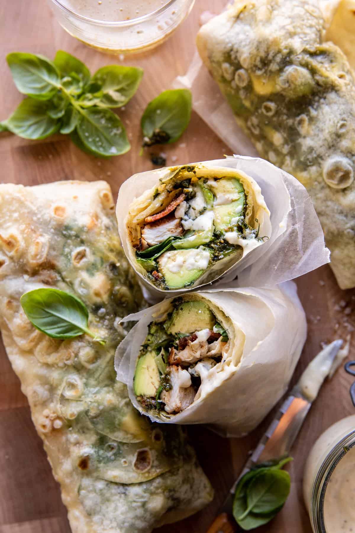 Pesto Chicken and Avocado Bacon Salad Wraps | halfbakedharvest.com