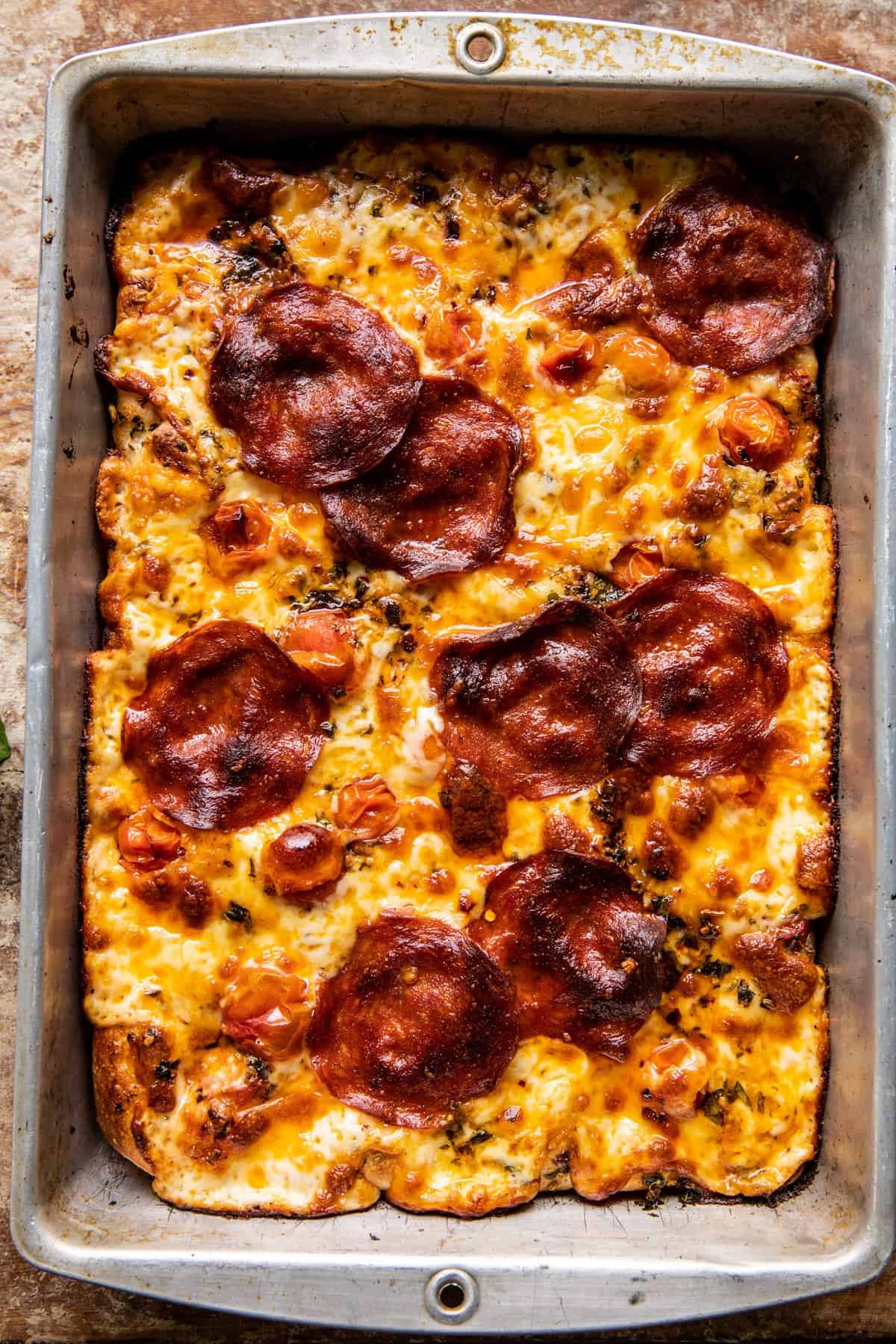 Detroit Style Tomato Herb Pepperoni Pizza | halfbakedharvest.com