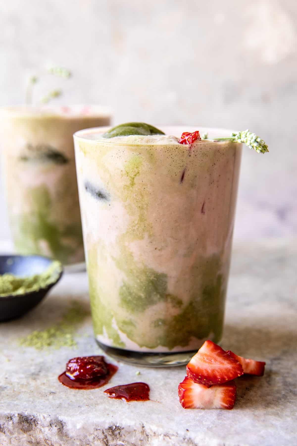 Iced Strawberry Milk Matcha Latte | halfbakedharvest.com