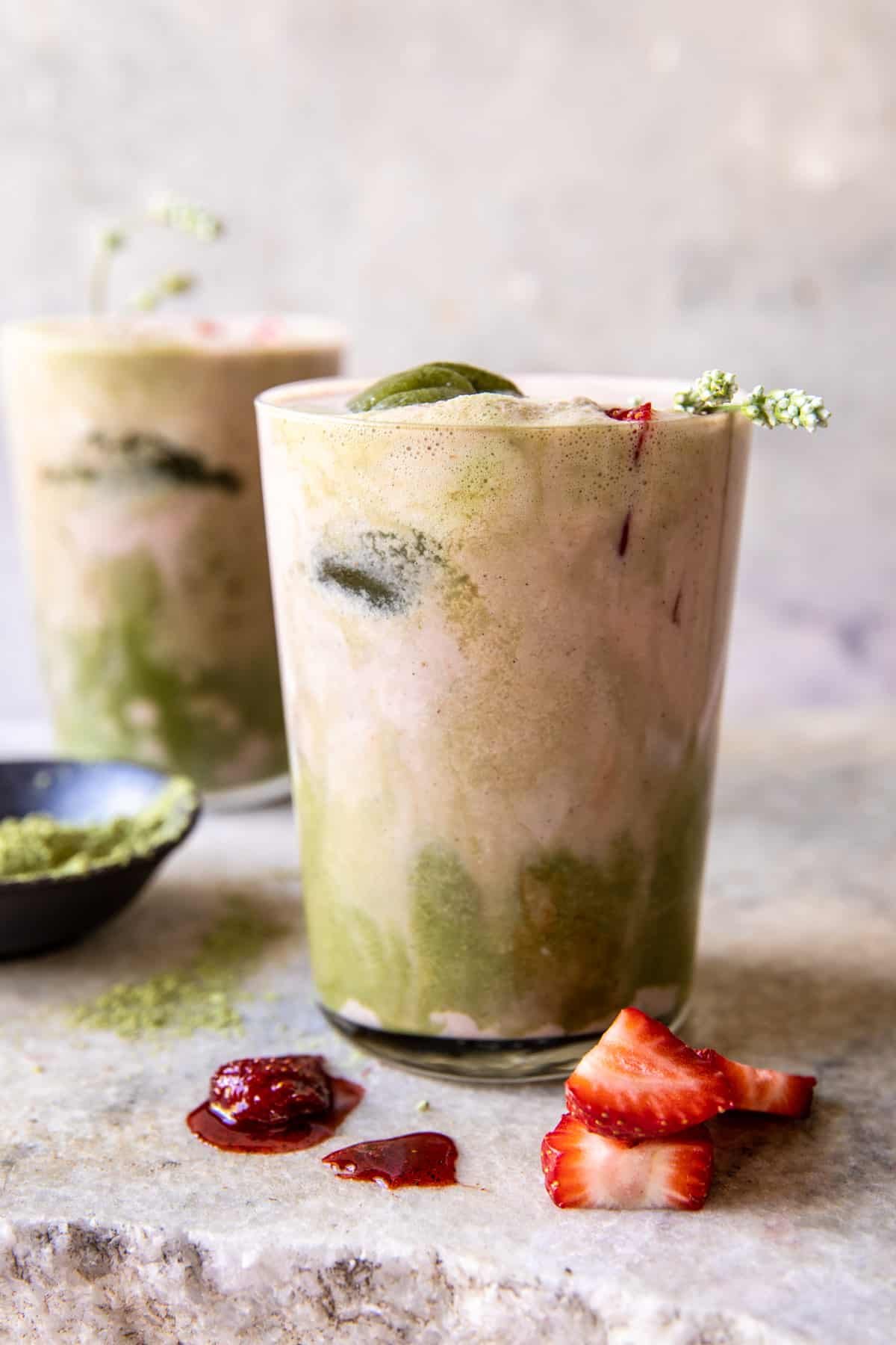 Iced Strawberry Milk Matcha Latte | halfbakedharvest.com