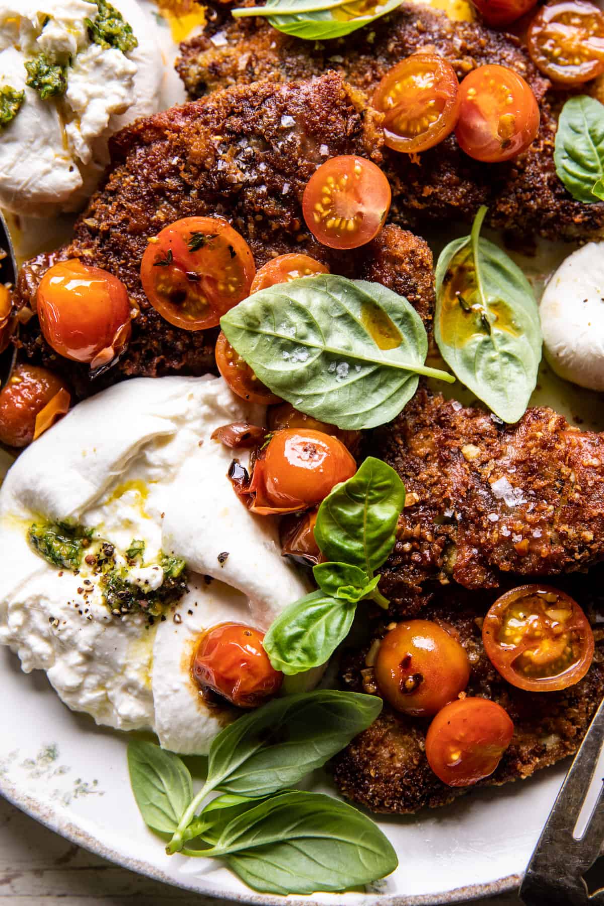 Pesto Chicken Saltimbocca with Burst Tomatoes and Burrata | halfbakedharvest.com