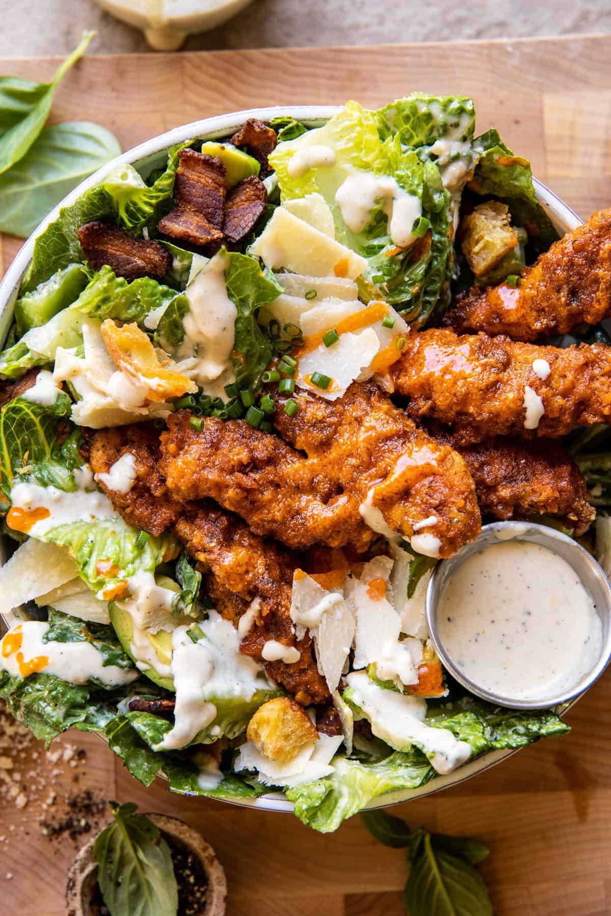 Buffalo Ranch Pretzel Chicken Caesar Salad | halfbakedharvest.com