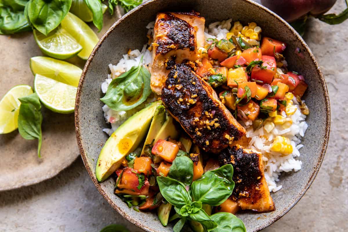Crispy BBQ Salmon Bowls with Roasted Jalapeño Peach Salsa | halfbakedharvest.com