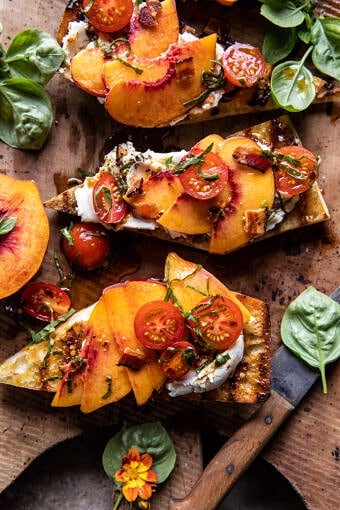 Tomato Peach Crostini with Hot Bacon Dressing | halfbakedharvest.com