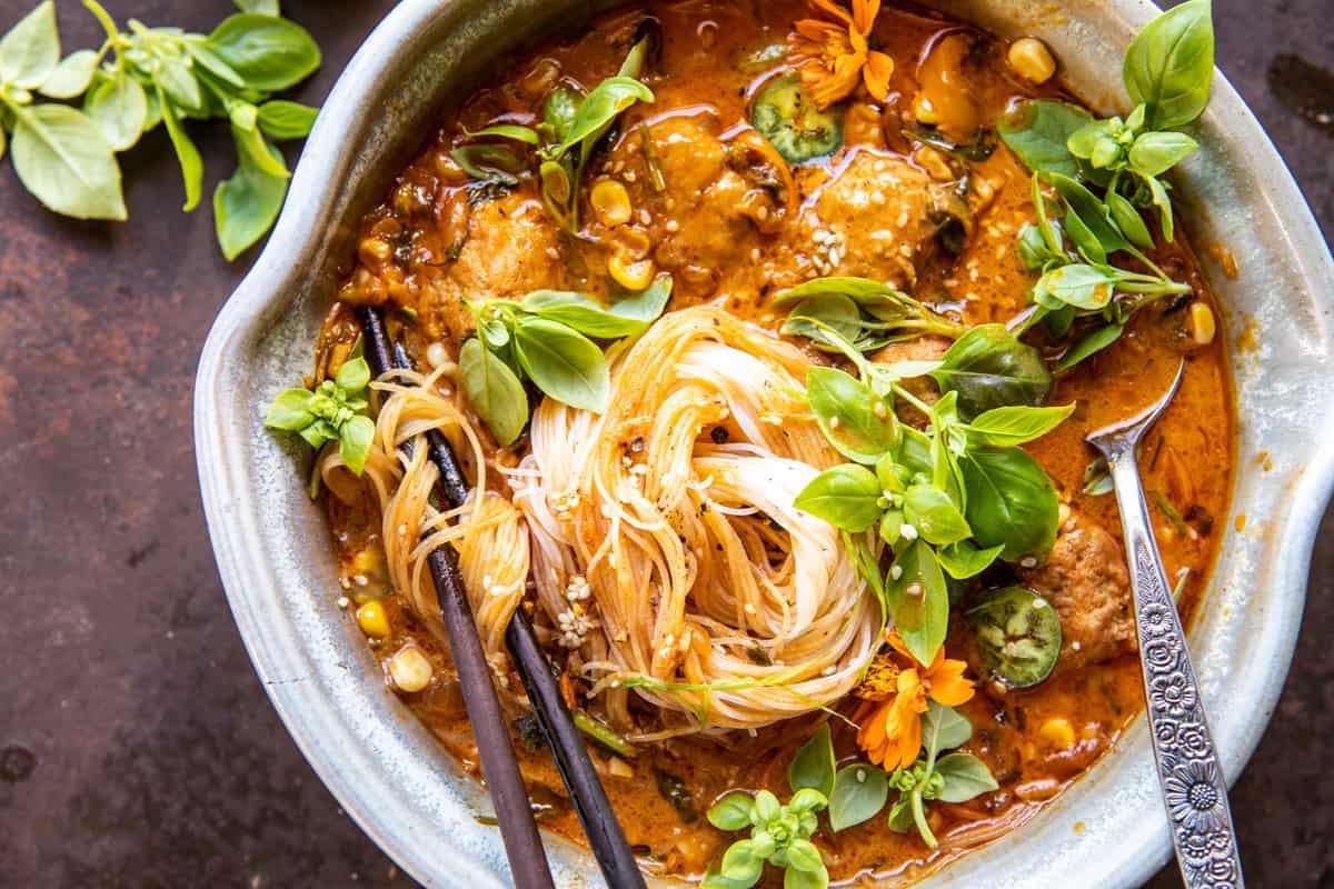 Simple Coconut Chicken Meatball Curry with Rice Noodles | halfbakedharvest.com