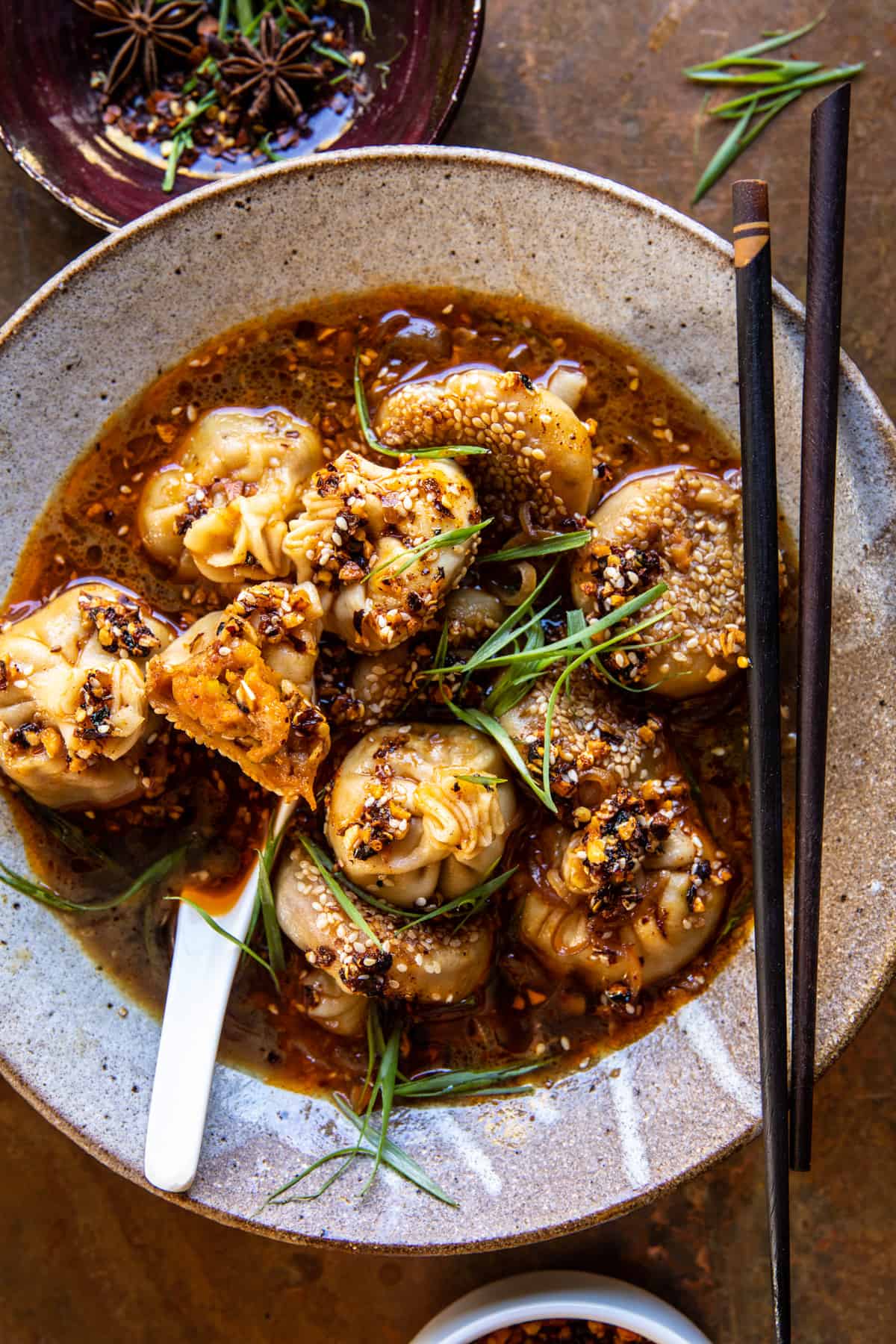 Chili Crisp Butternut Squash Dumplings in Ginger Soy Broth | halfbakedhavrest.com