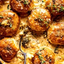 Creamy Broccoli Cheddar Casserole with Garlic Butter Pretzels | halfbakedharvest.com