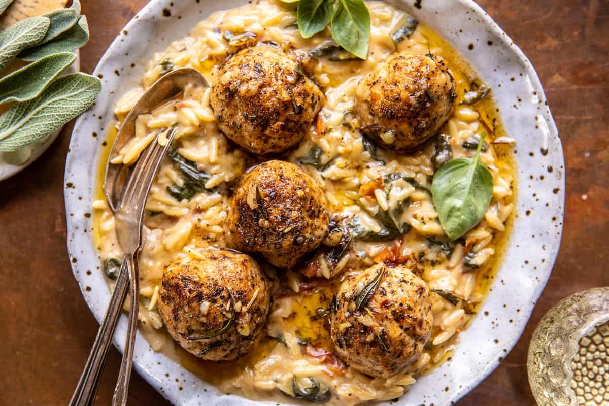 Crockpot Garlic Butter Chicken Meatballs with Creamy Orzo | halfbakedharvest.com