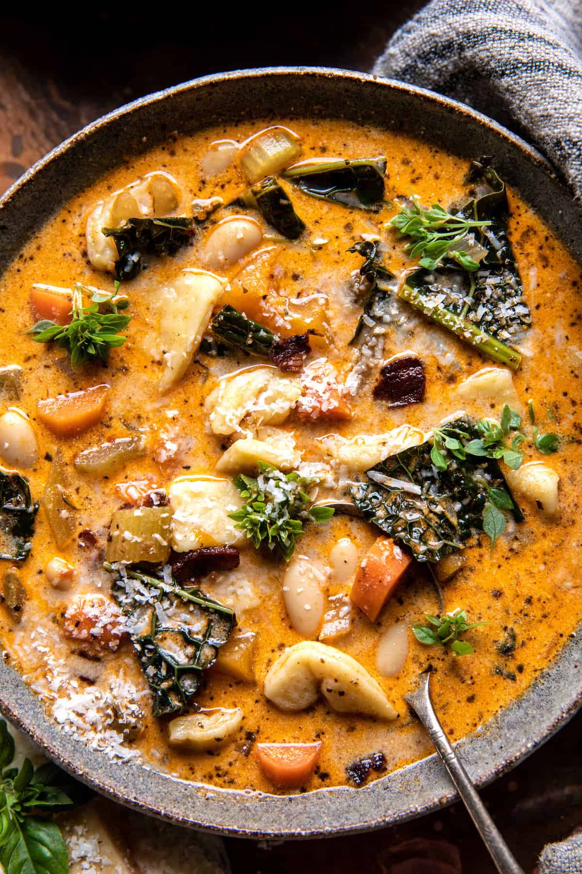 Slow Cooker Creamy White Bean Noodle Soup with Rosemary Bacon | halfbakedharvest.com