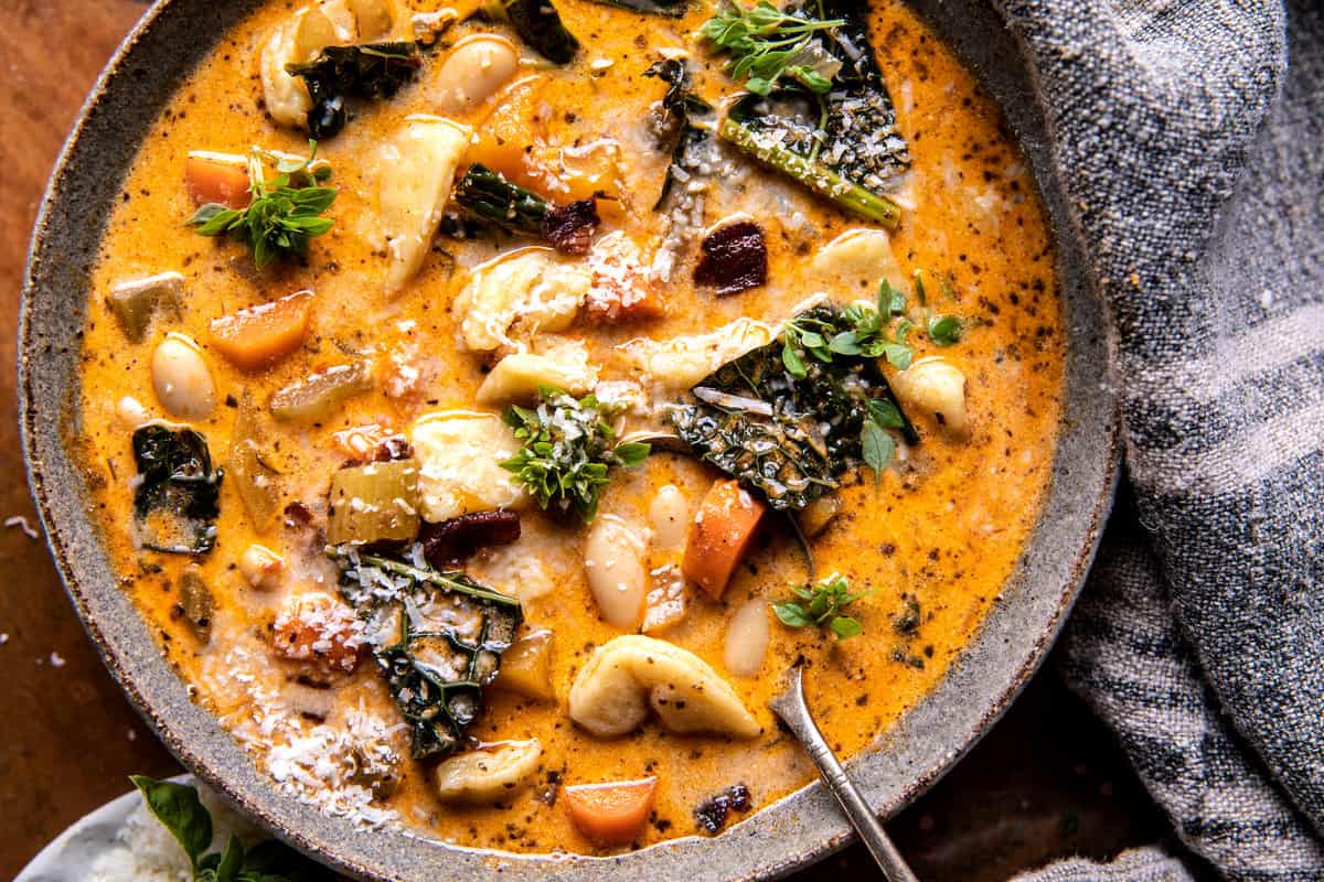 Slow Cooker Creamy White Bean Noodle Soup with Rosemary Bacon | halfbakedharvest.com