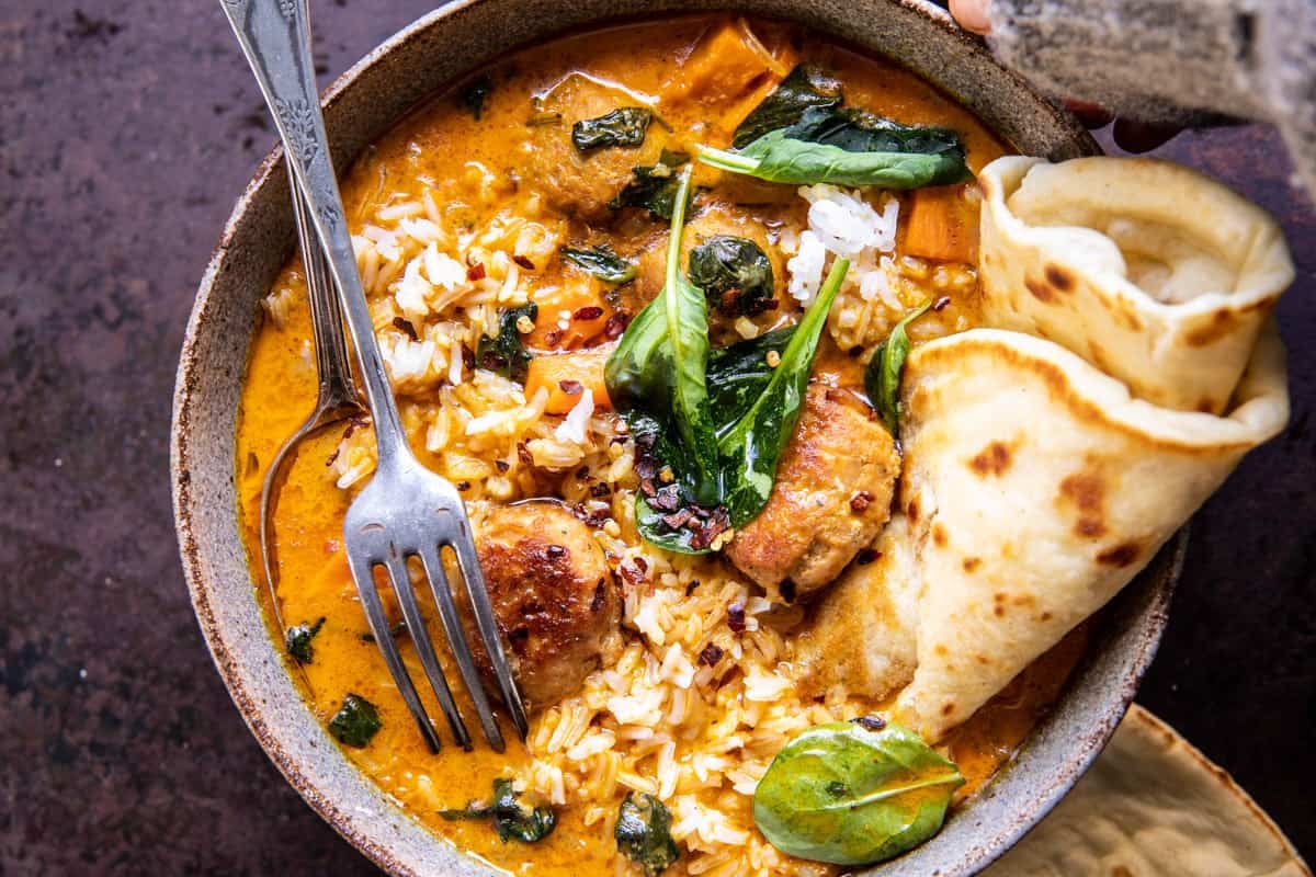 Coconut Curry Chicken Meatball Soup with Rice | halfbakedharvest.com