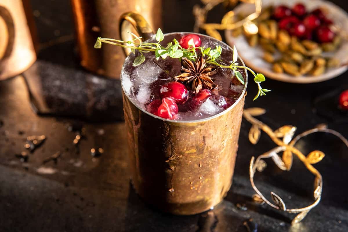 Spiced Cranberry Thyme Moscow Mule | halfbakedharvest.com