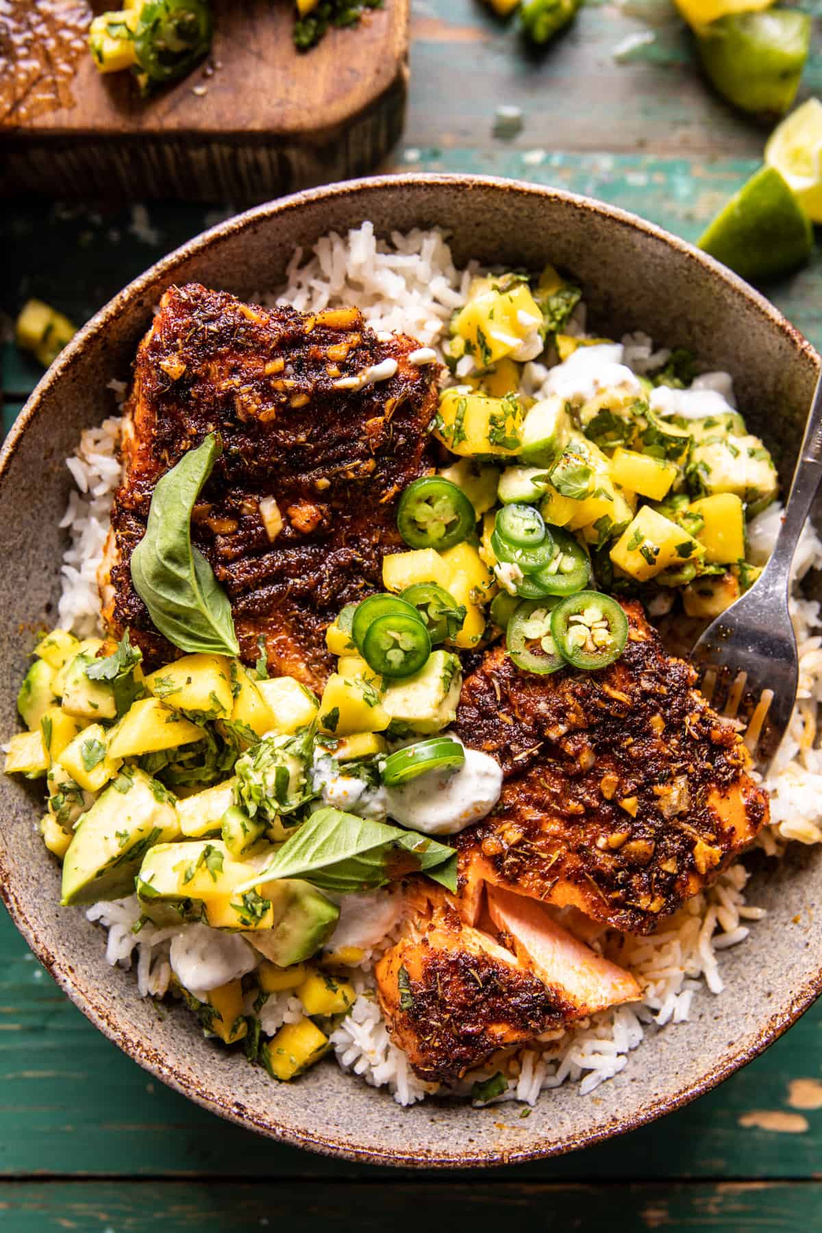 BBQ Salmon Rice Bowls with Mango Jalapenฬo Salsa | halfbakedharvest.com