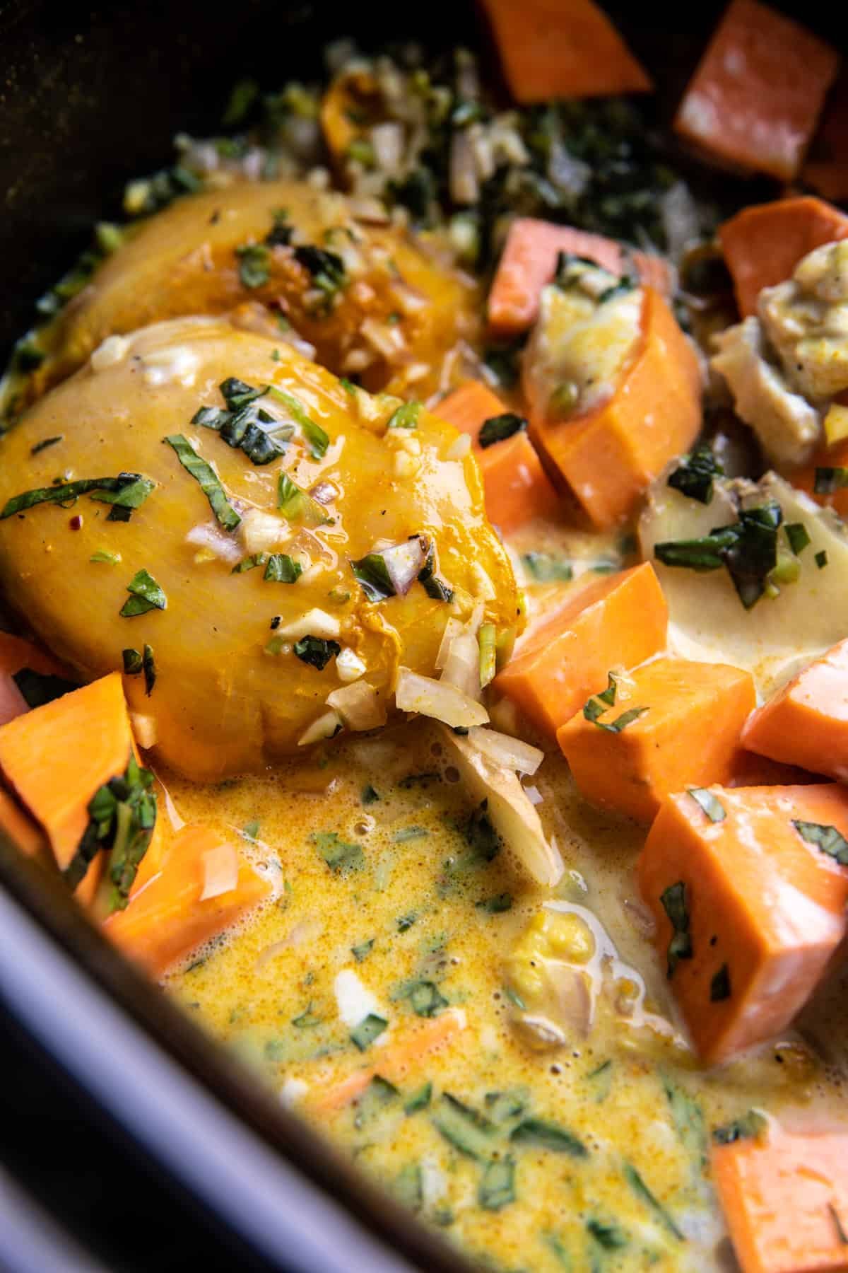 Crockpot Coconut Chicken Curry with Crispy Shallot Basil Oil | halfbakedharvest.com