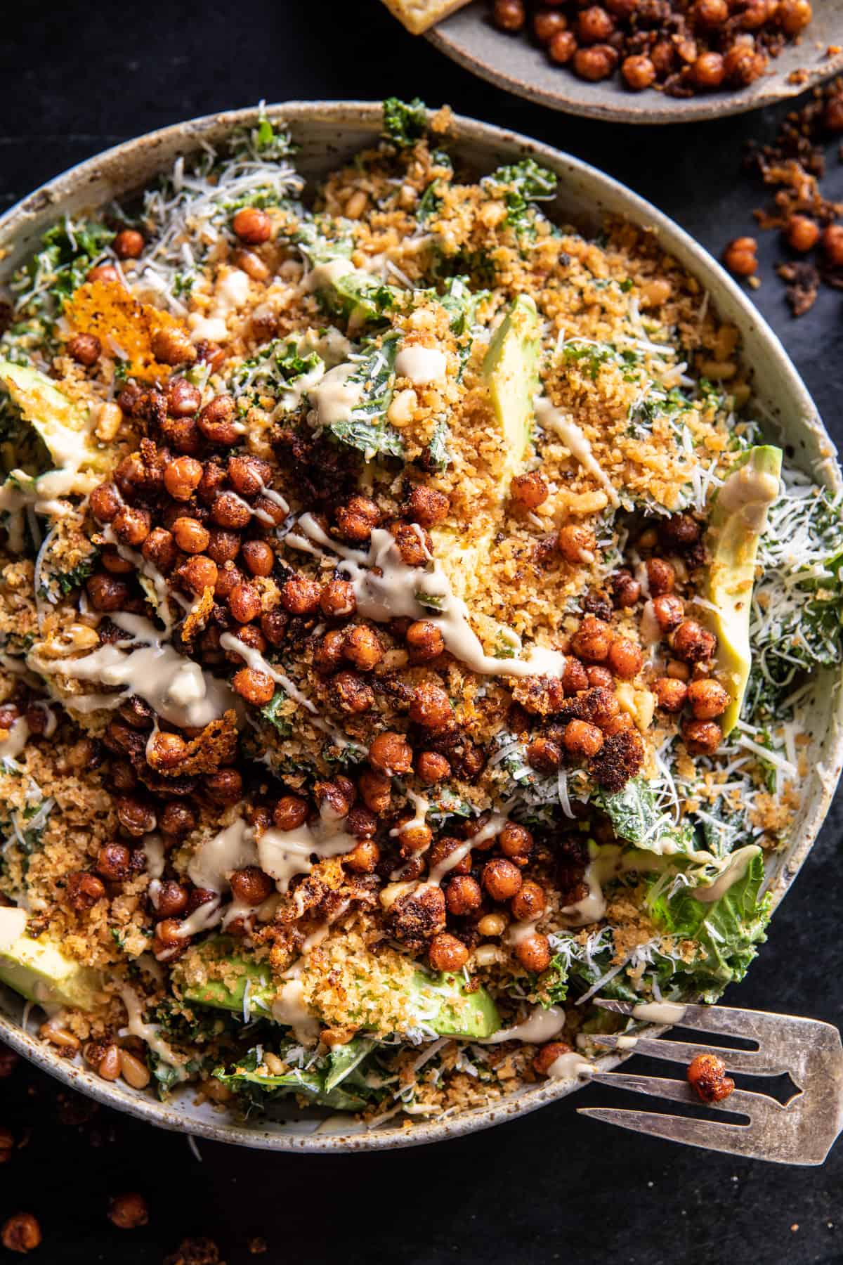 Parmesan Tahini Kale Salad with Breadcrumbs and Crunchyย Chickpeas | halfbakedharvest.com