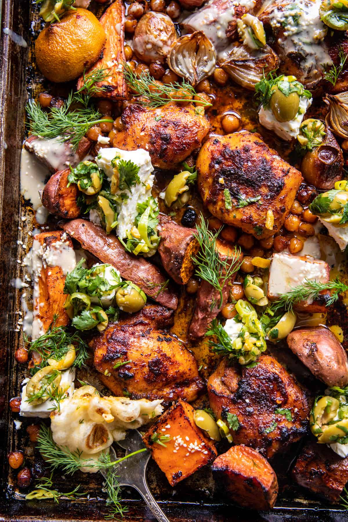Sheet Pan Curry Butter Chicken with Sweet Potatoes and Tahini | halfbakedharvest.com