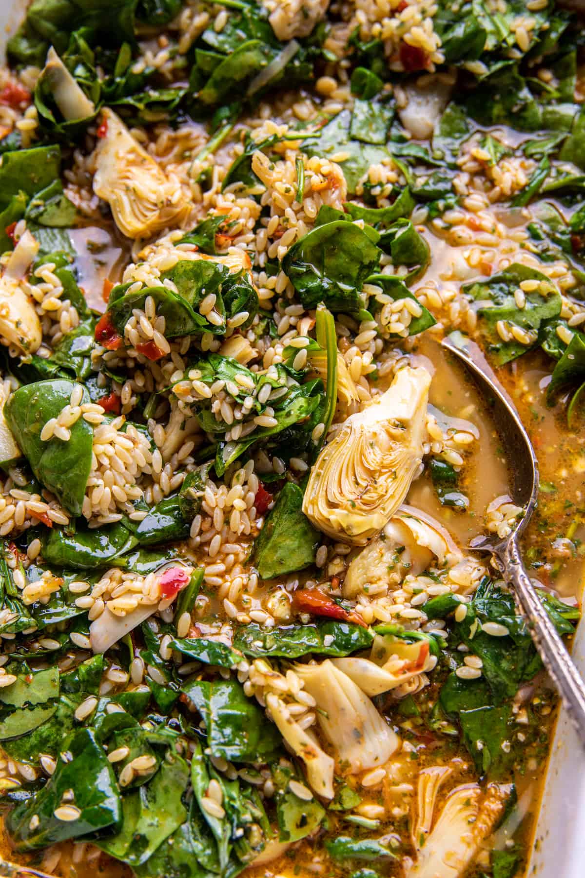 One Pan Spinach and Artichoke Orzo Bake | halfbakedharvest.com
