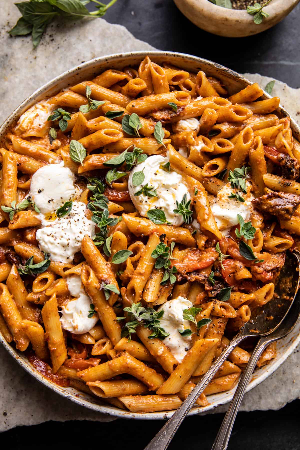 Creamy Sun-Dried Tomato Pasta with Melted Burrata | halfbakedharvest.com