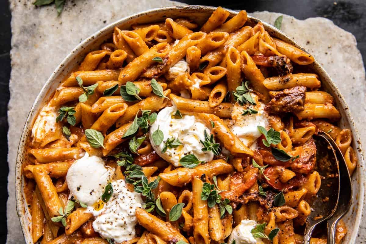 Creamy Sun-Dried Tomato Pasta with Melted Burrata | halfbakedharvest.com