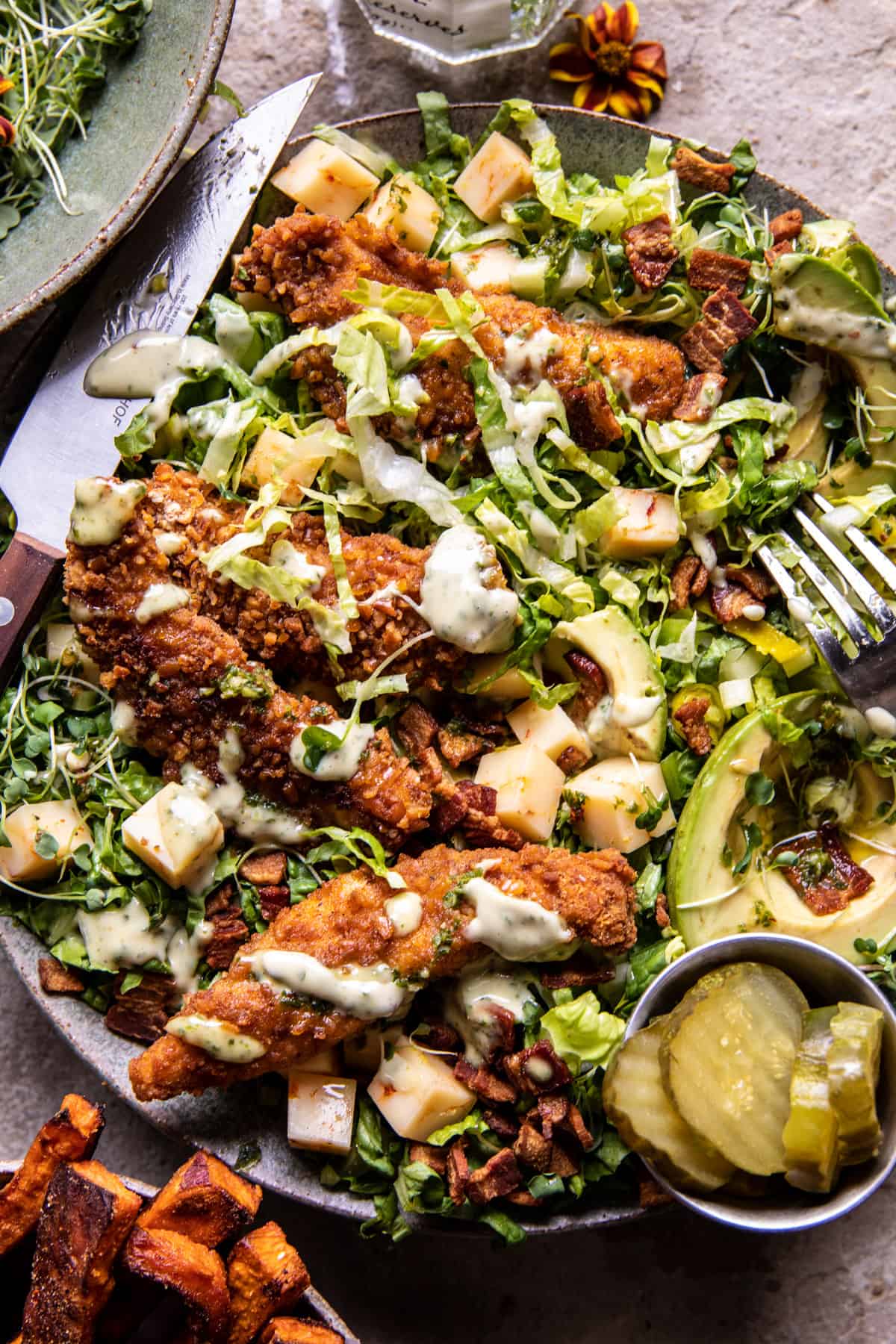 Black Pepper Pretzel Chicken And Avocado Bacon Salad halfbakedharvest.com