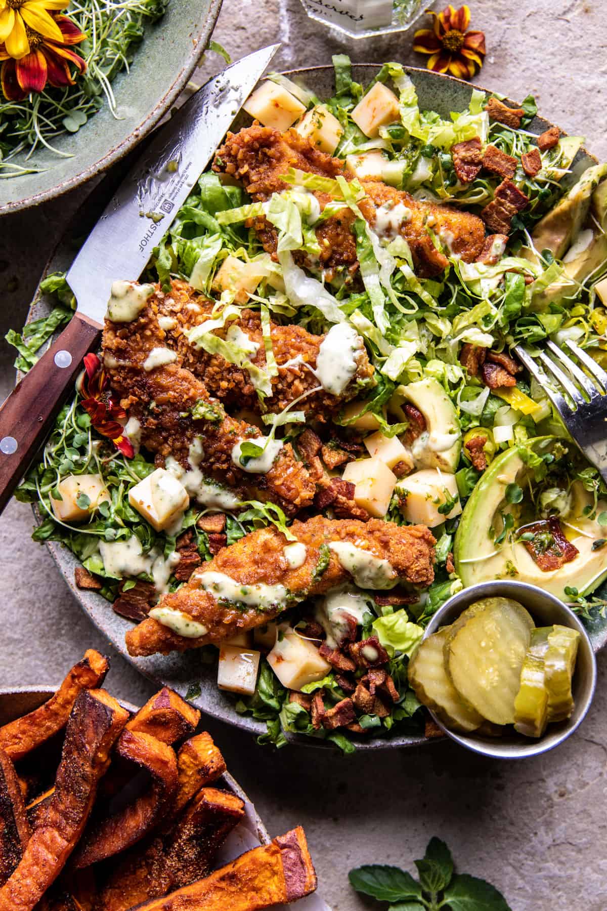 Black Pepper Pretzel Chicken And Avocado Bacon Salad halfbakedharvest.com