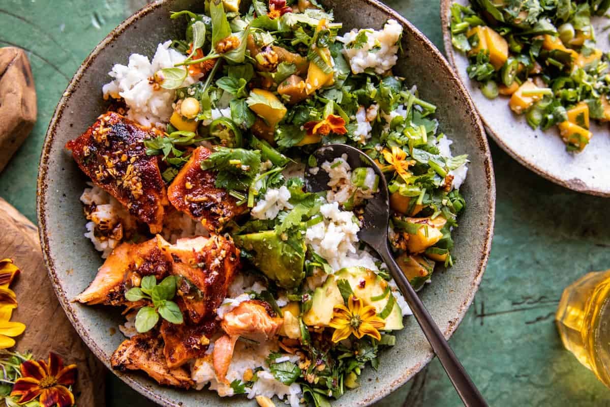 Chili Crisp Salmon Bowl with Avocado Mango Salsa | halfbakedharvest.com