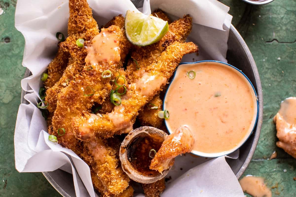 Coconut Chicken Fingers with Bang Bang Sauce | halfbakedharvest.com