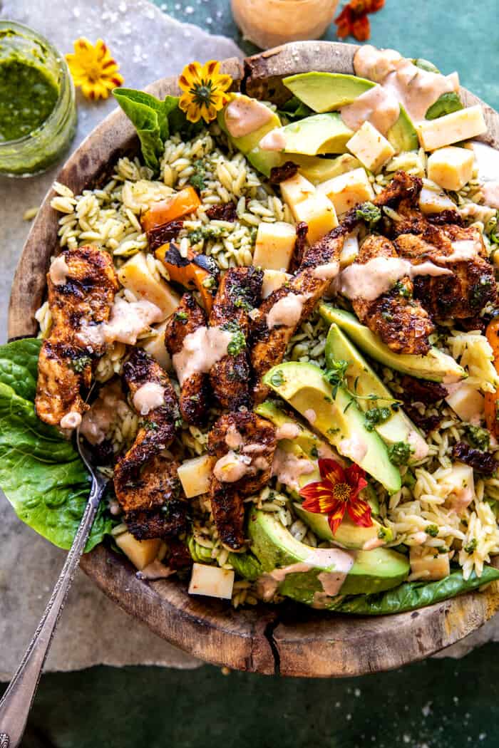 Pesto Chicken Avocado Orzo Salad | halfbakedharvest.com