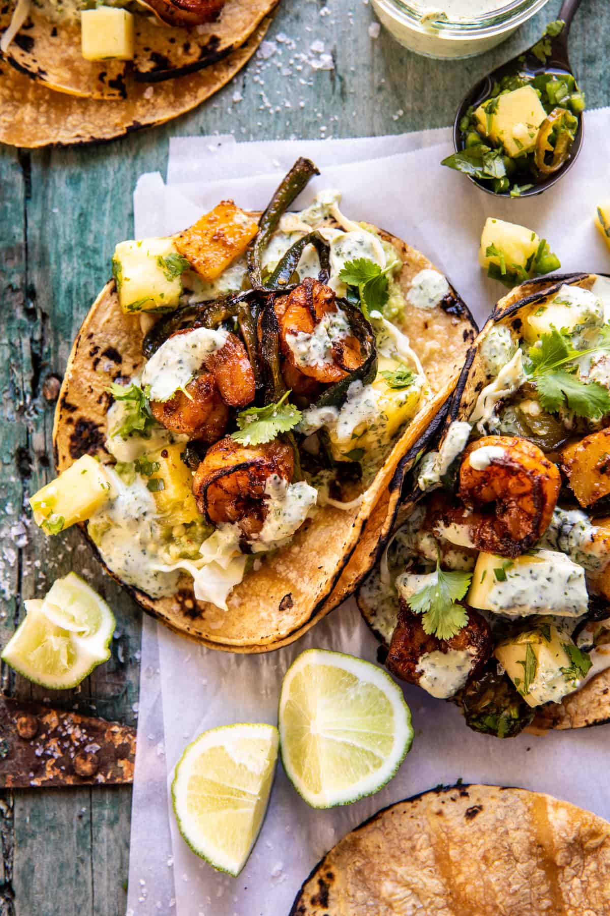 Quick Poblano Pineapple Shrimp Tacos with Cilantro Jalapeño Ranch | halfbakedharvest.com