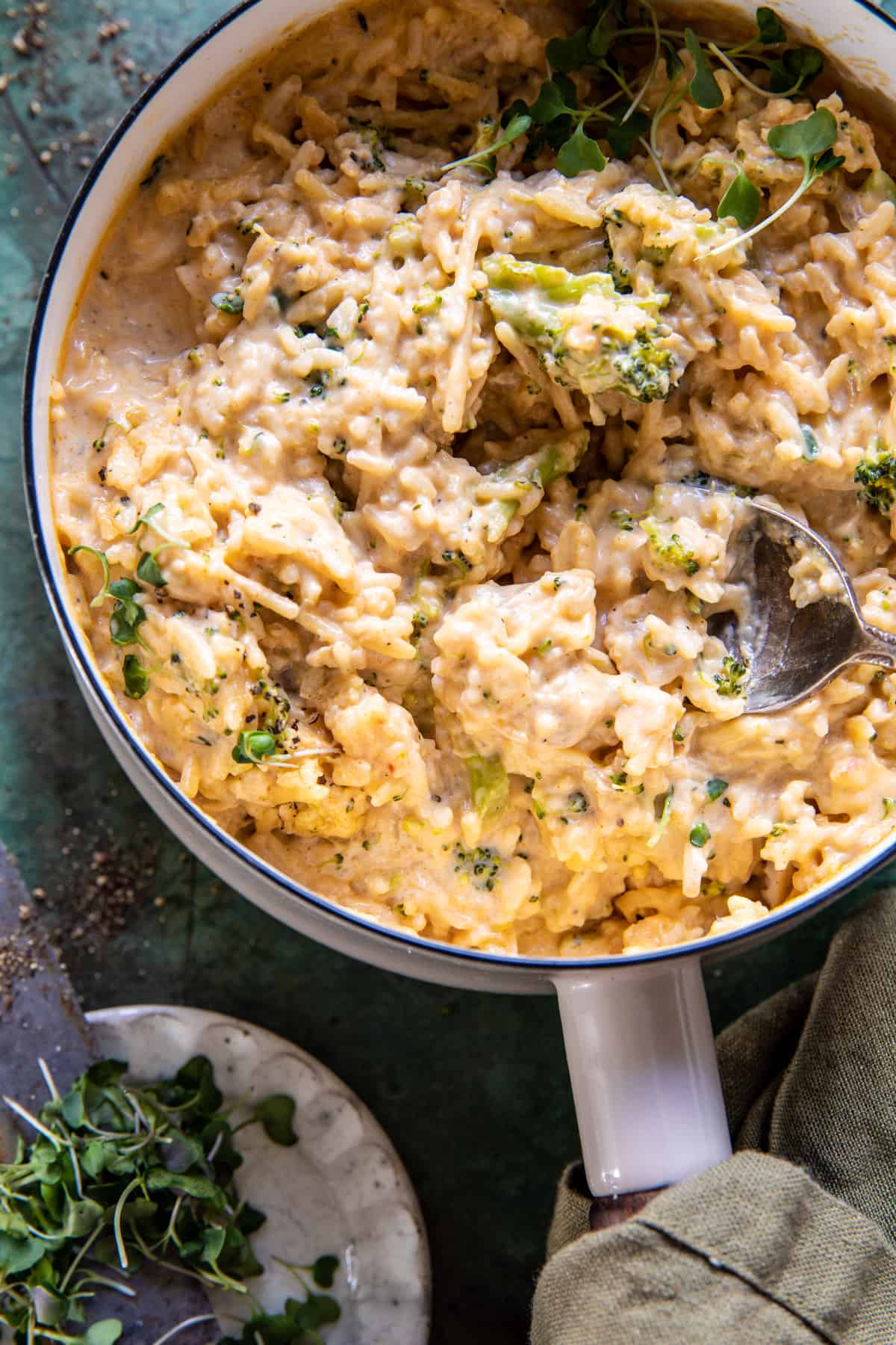 Souper Creamy Broccoli Cheddar Chicken Rice | halfbakedharvest.com