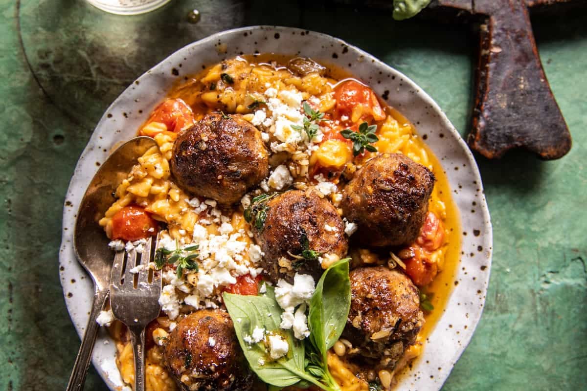 Crockpot Greek Chicken Meatballs with Creamy Tomato Orzo | halfbakedharvest.com