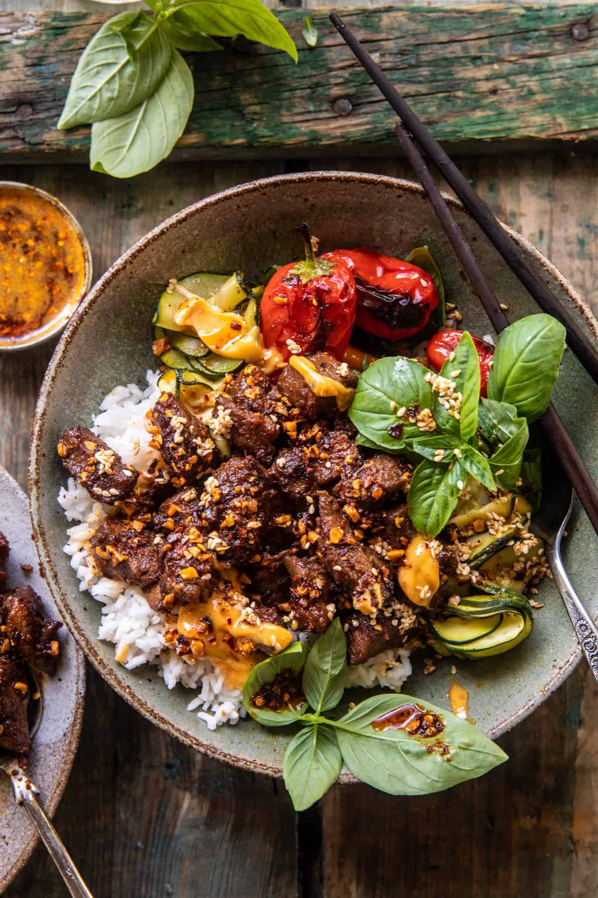 Sheet Pan Chili Crisp Beef Zucchini Rice Bowls | halfbakedharvest.com