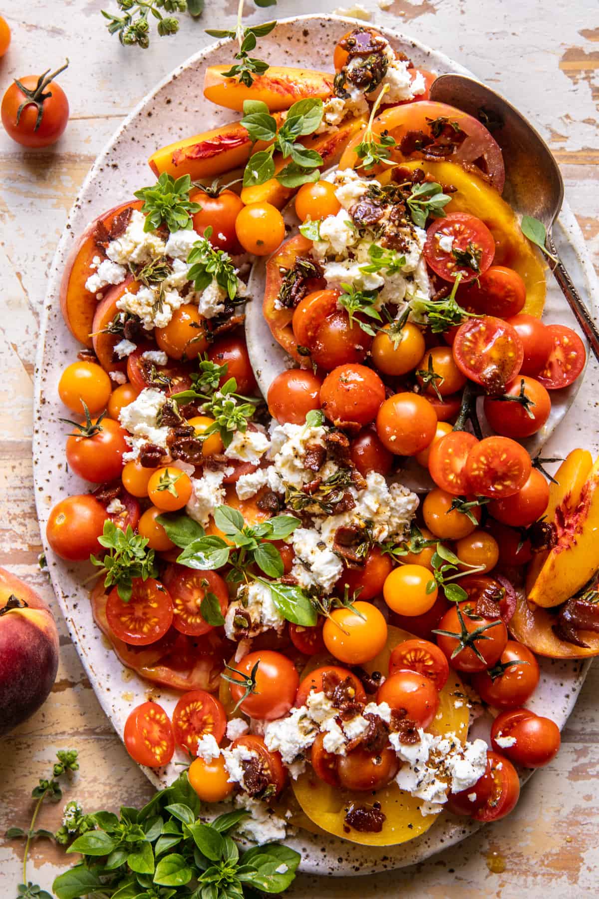 Hot Bacon Tomato Peach Goat Cheese Salad | halfbakedharvest.com